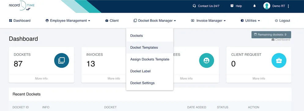 Record TIME dashboard showing docket and invoice counts with Docket Book Manager menu open