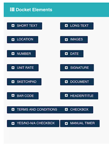 Record TIME docket elements panel listing form field types such as text, date, and signature