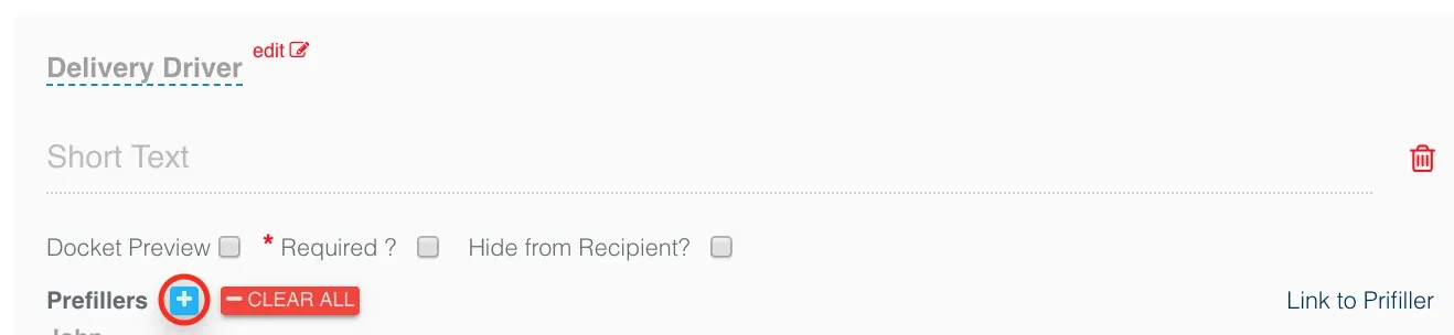 Record TIME docket editor showing a Delivery Driver text field with prefiller options