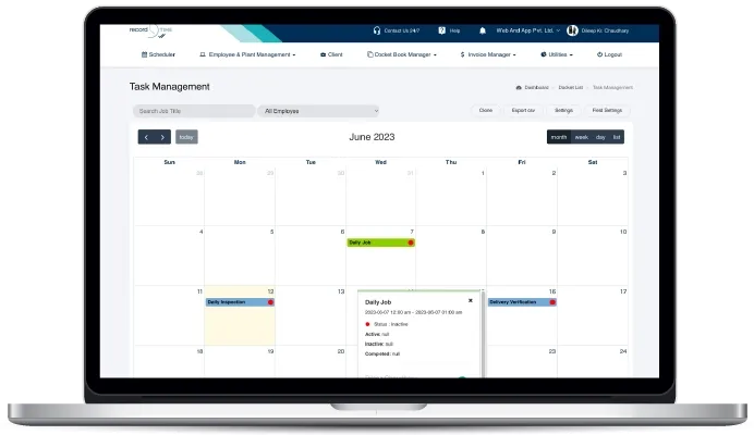 Record TIME Task Management calendar view on a laptop showing scheduled jobs for June 2023