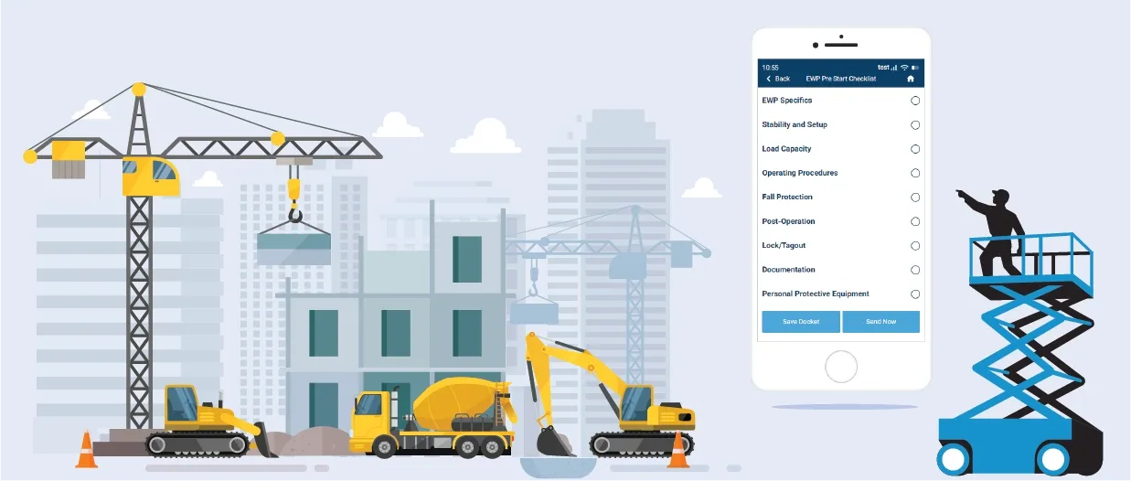 Construction site illustration with crane and excavator beside a phone showing an EWP pre-start checklist