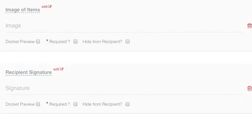 Record TIME docket editor showing Image of Items and Recipient Signature fields