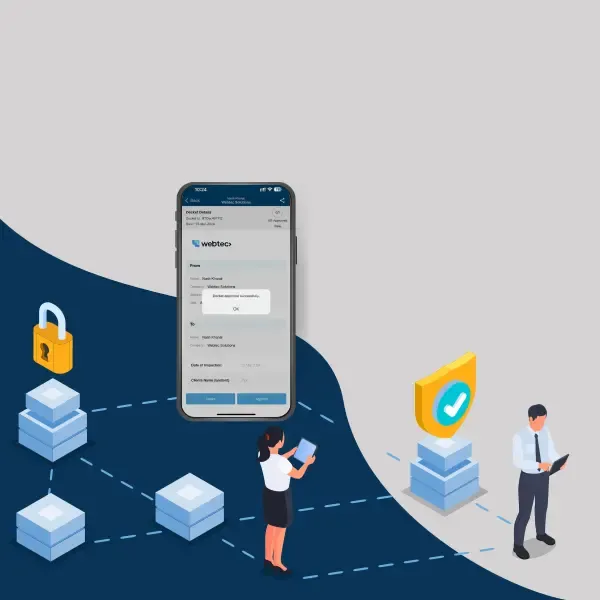 Isometric illustration of secure document management with a phone showing docket approval and connected data blocks
