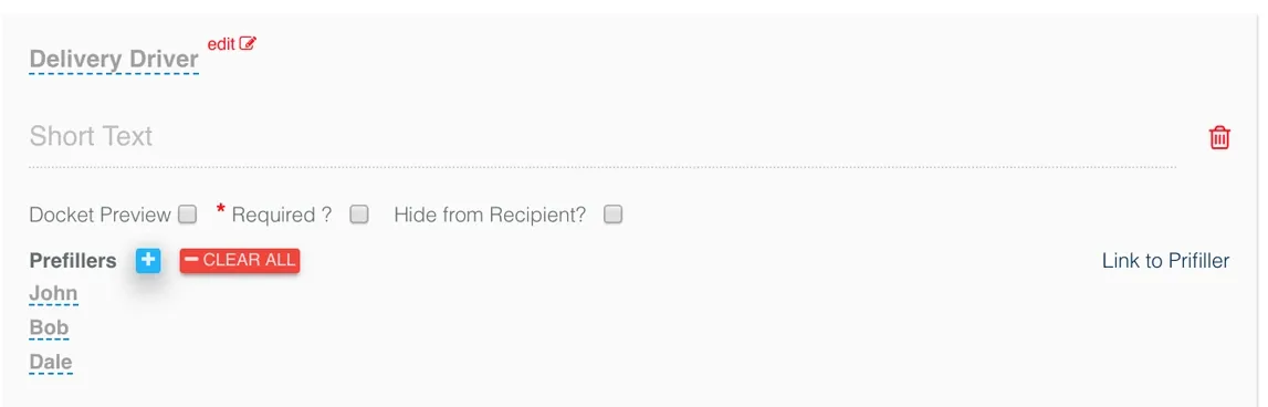 Screenshot of the Record TIME docket editor configuring a Delivery Driver field with prefiller options