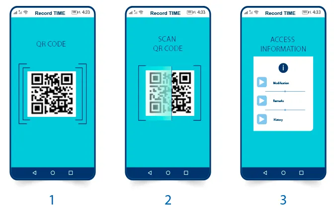 Three Record TIME app screens showing the steps to display, scan and access information via QR code