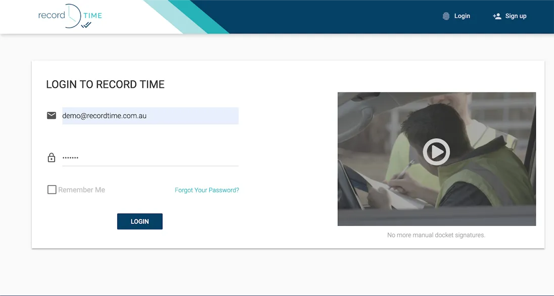 Record TIME login page screenshot beside a video of a worker completing a digital docket signature
