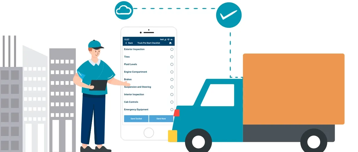 Illustration of a worker inspecting a truck beside a phone displaying the Record TIME Truck Pre Start Checklist