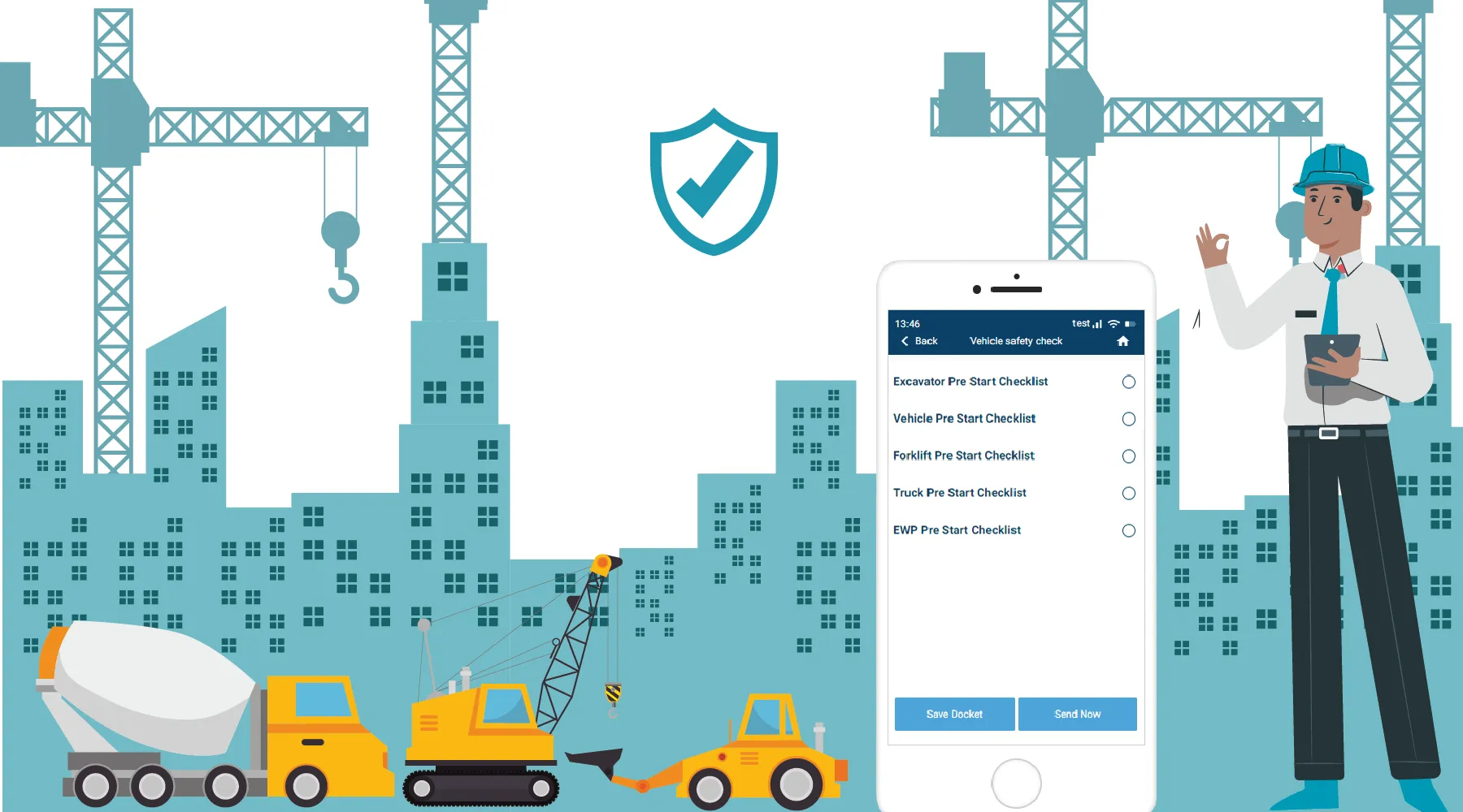Illustration of a construction site with a phone displaying Record TIME's vehicle safety check checklist options