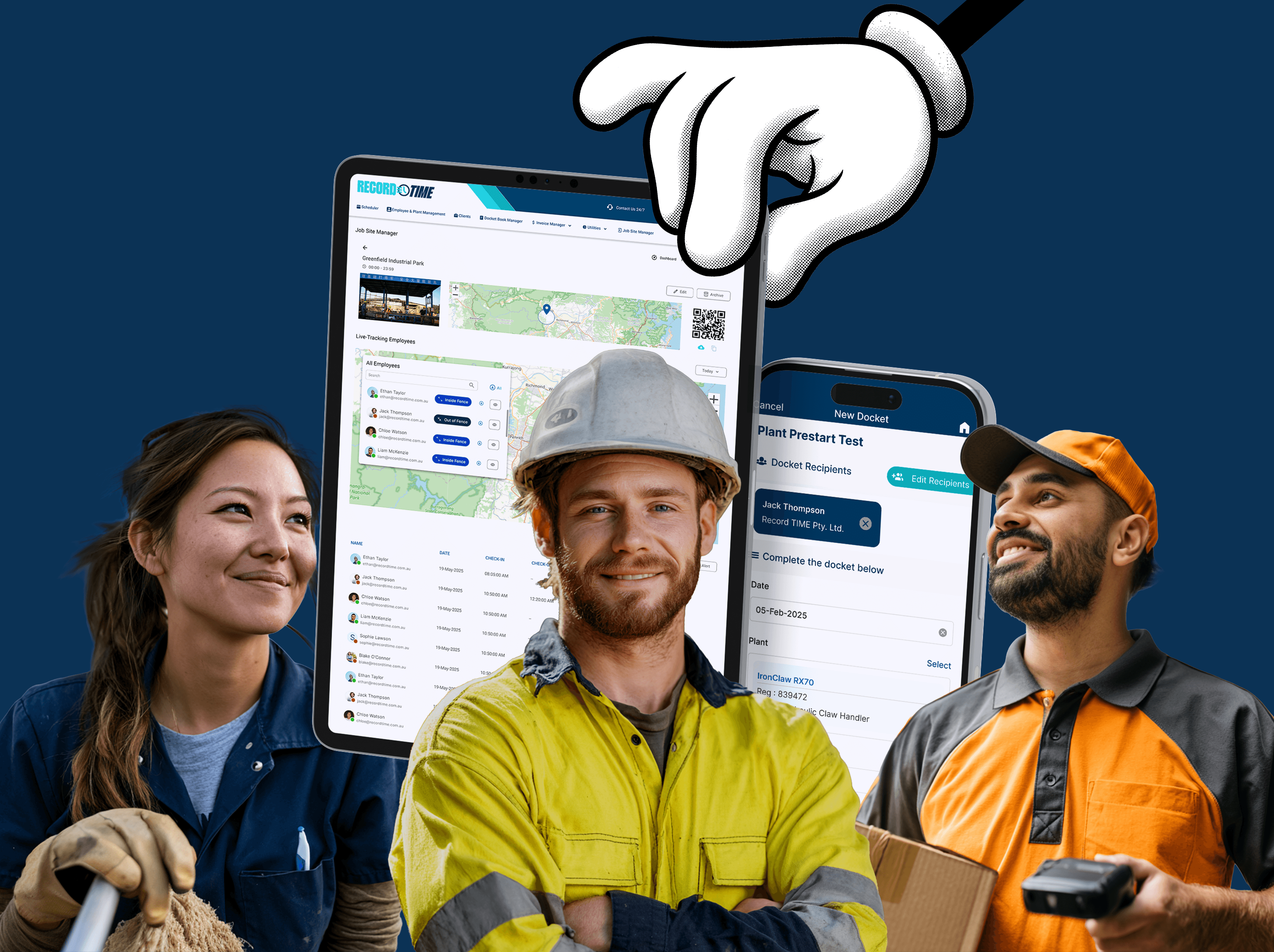 Record TIME workforce management platform hero image showing jobsite operations across construction, trades, cleaning, and infrastructure industries