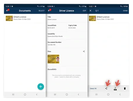 Three Record TIME app screens showing a driver licence document, its details, and sharing options