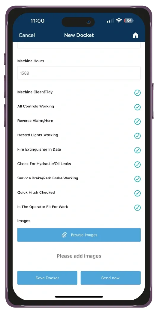 Record TIME app New Docket screen with a machine pre-start checklist and green checkmarks