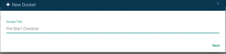 Record TIME app New Docket modal with a Pre-Start Checklist title field