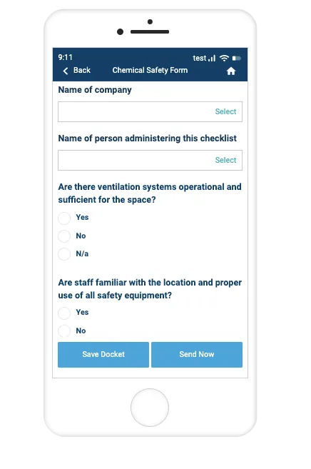 Record TIME app Chemical Safety Form asking about ventilation and staff safety knowledge