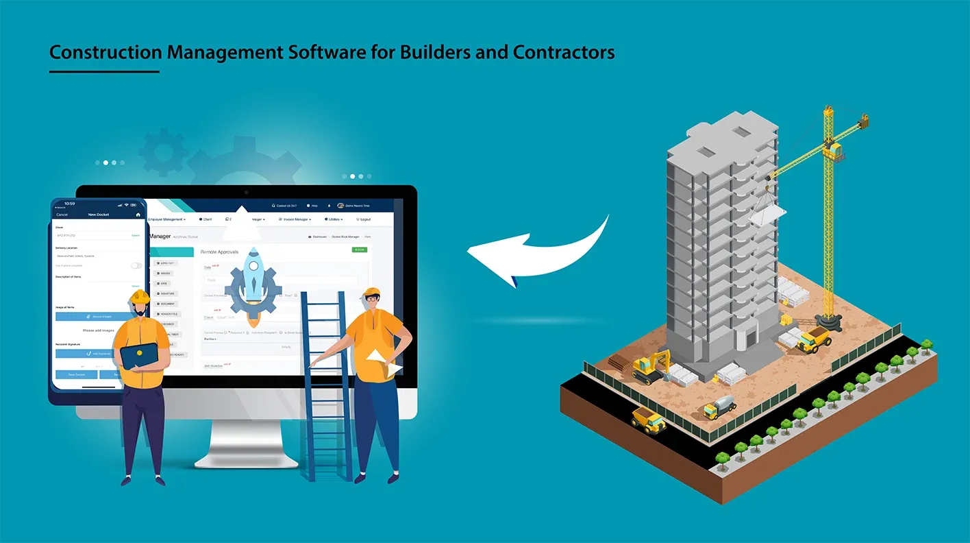 Illustration titled Construction Management Software for Builders and Contractors with workers and a building site