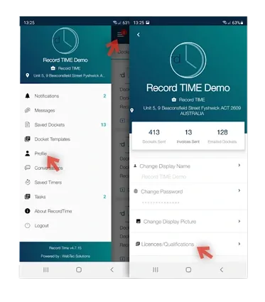 Two Record TIME app screens showing the navigation menu and a profile page with Licences/Qualifications highlighted