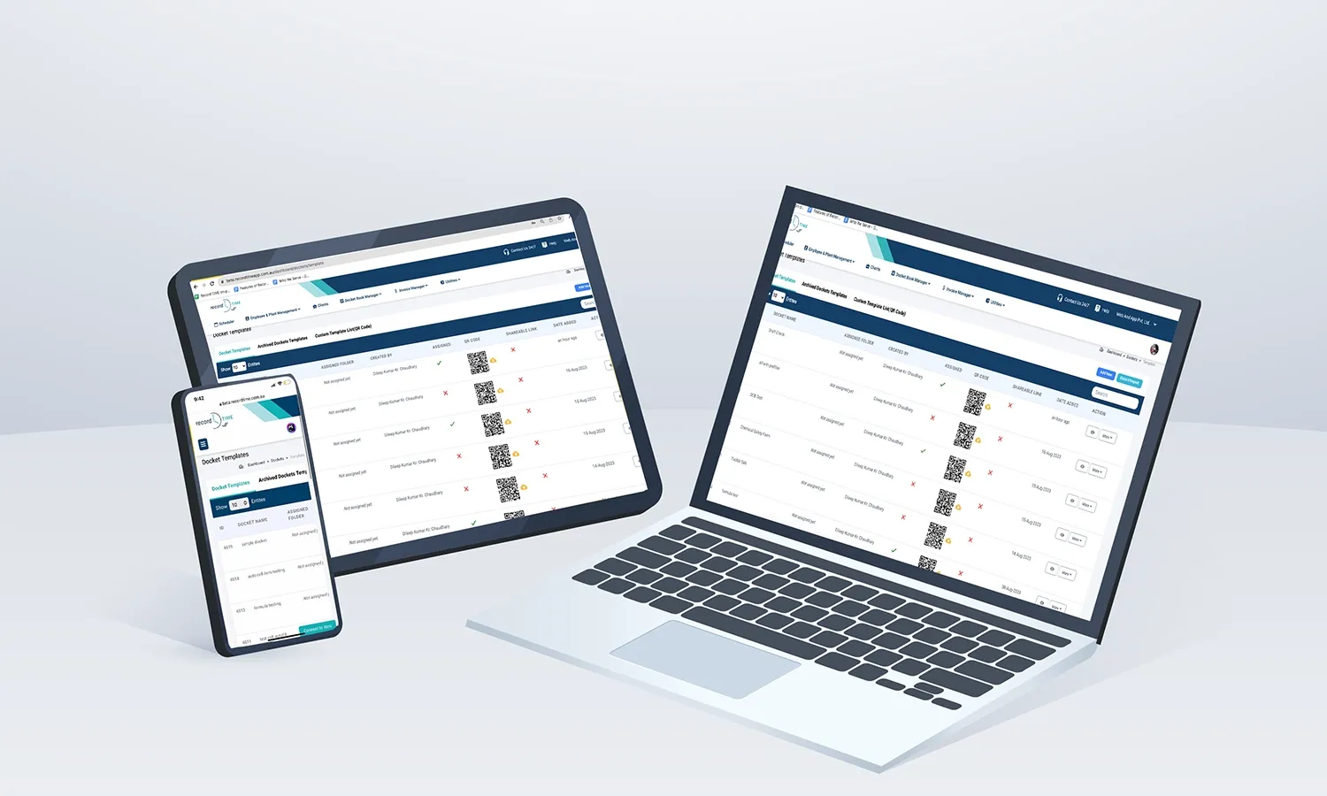Tablet, phone, and laptop displaying Record TIME docket templates and QR code screens