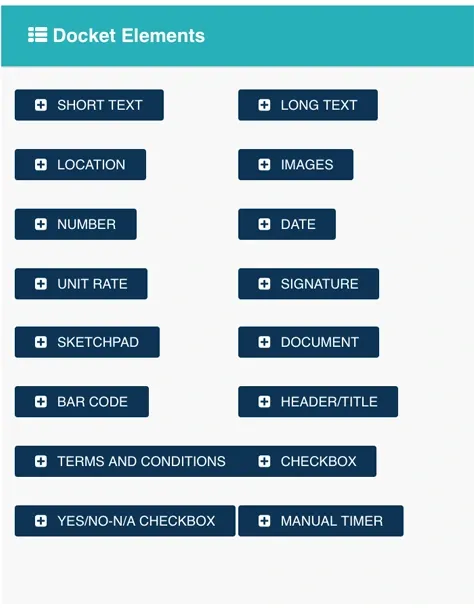 Record TIME docket elements panel listing field types like short text, location, and signature