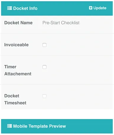 Record TIME docket info screen for a Pre-Start Checklist template with invoiceable and timer options
