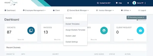 Record TIME dashboard with Docket Book Manager dropdown menu open showing docket options