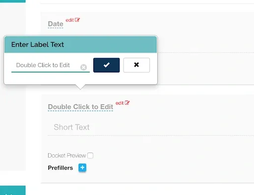 Record TIME docket editor showing the Enter Label Text popup for renaming a field