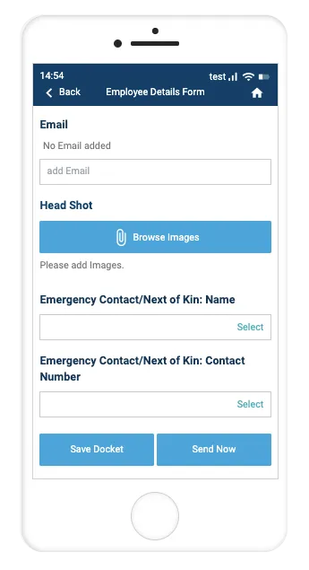Record TIME mobile app Employee Details Form with head shot upload and emergency contact fields