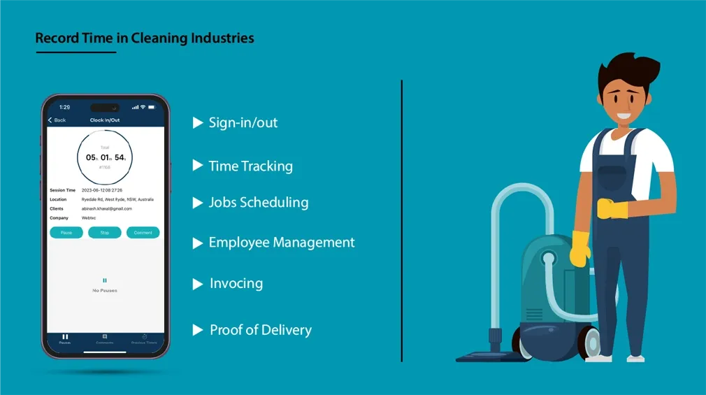 Record Time in Cleaning Industries graphic with a cleaner and a phone showing the clock in/out screen