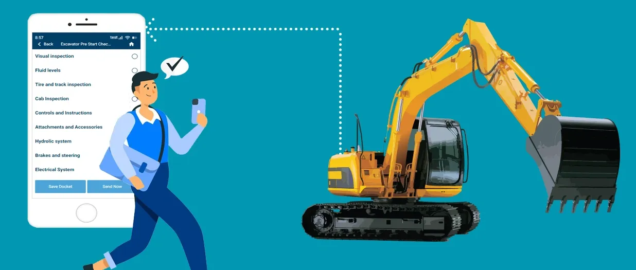 Illustration of a worker walking with a phone showing an excavator pre-start checklist