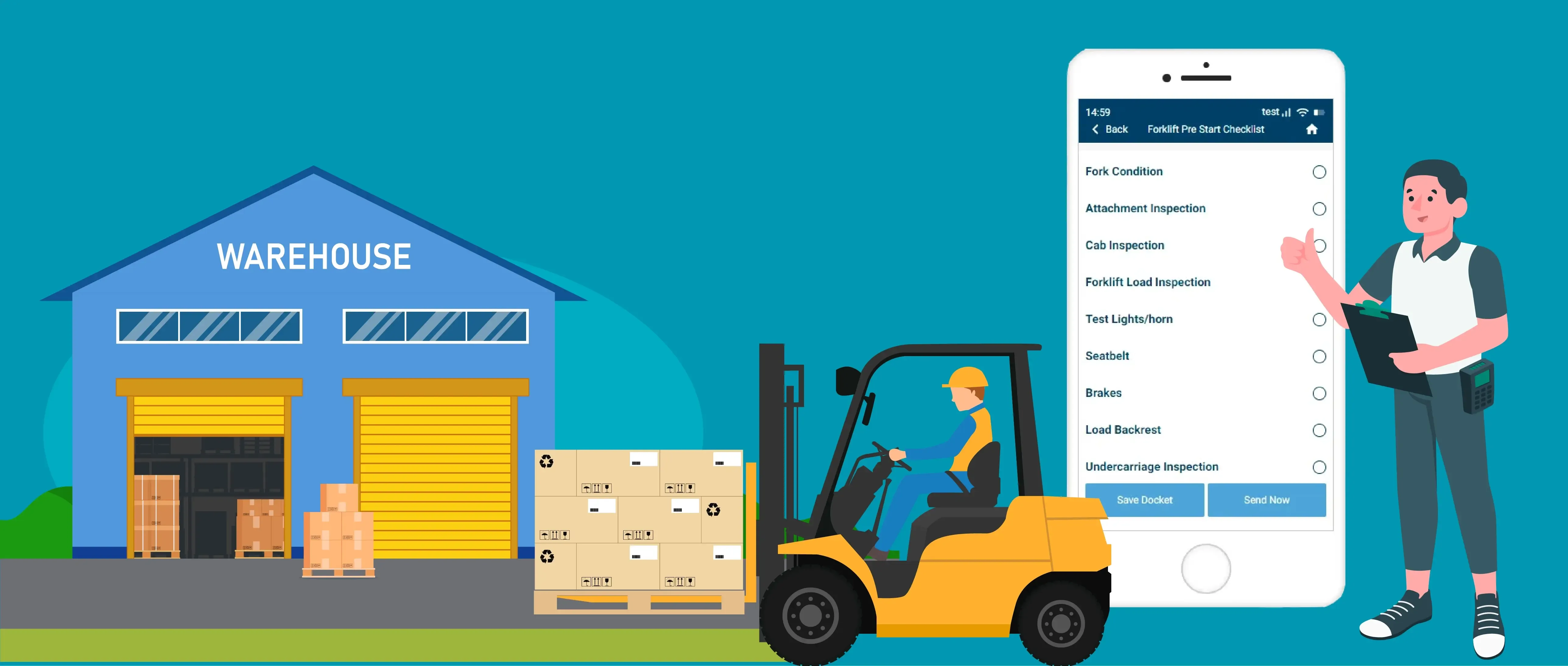 Warehouse illustration with a forklift and worker beside a phone showing a forklift pre-start checklist
