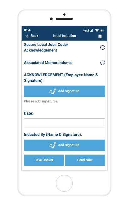 Record TIME mobile app Initial Induction form with acknowledgement and signature fields