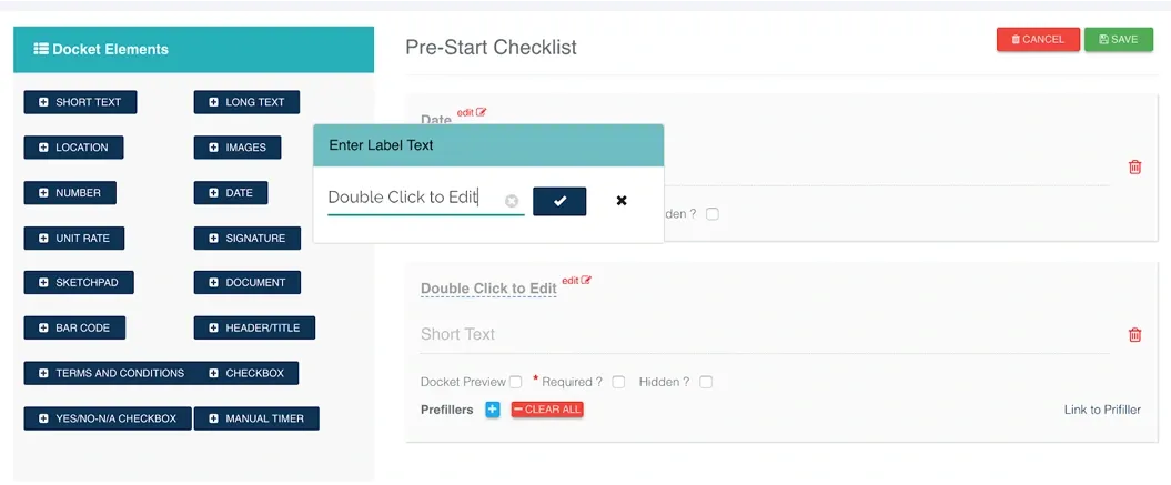 Record TIME pre-start checklist editor with docket elements panel and label text popup