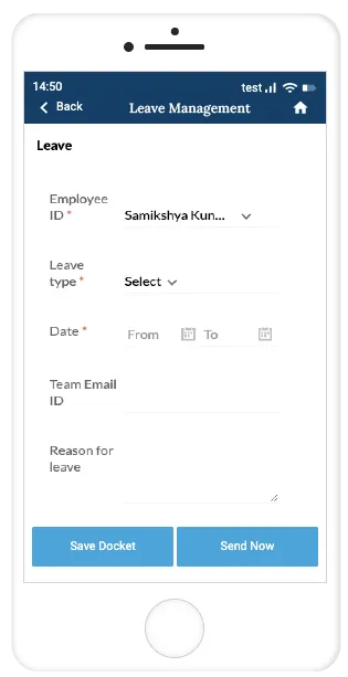 Record TIME mobile app Leave Management form with employee ID, leave type, date range and reason for leave fields