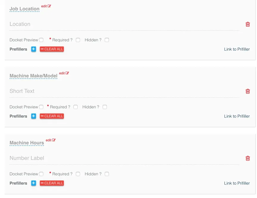 Screenshot of the Record TIME docket editor configuring Job Location and Machine Make/Model fields with prefillers