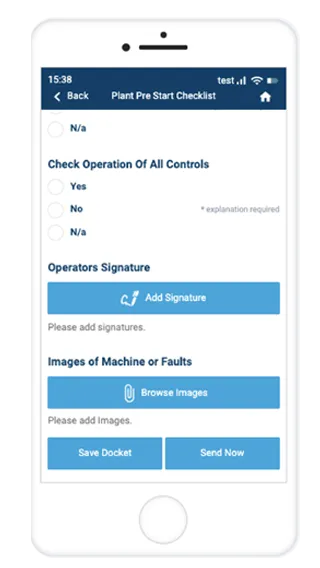 Record TIME mobile app Plant Pre Start Checklist screen with operator signature and photo upload fields