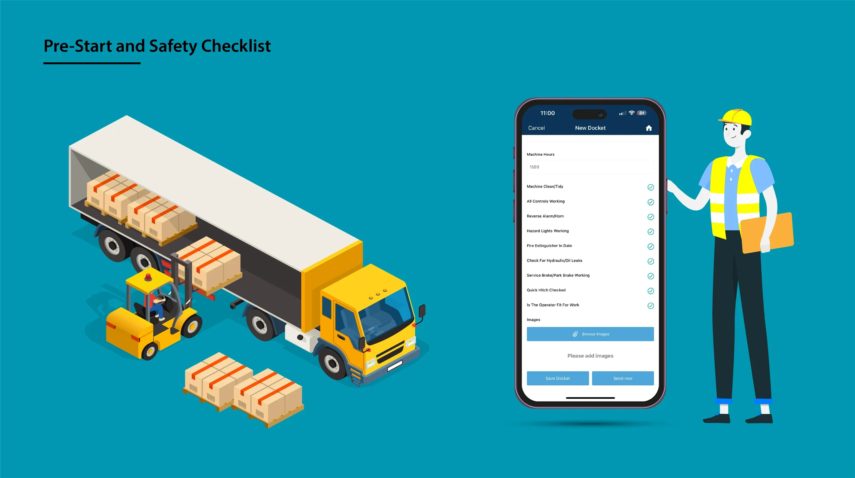 Pre-start and safety checklist illustration of a forklift loading a truck beside a worker completing a mobile checklist