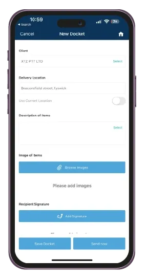 Record TIME mobile app New Docket form capturing delivery location, item details and recipient signature