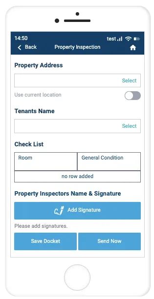 Record TIME mobile app Property Inspection form with room checklist table and inspector signature field
