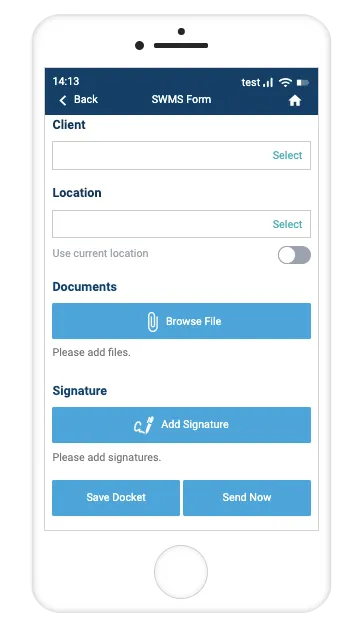 Record TIME mobile app Safe Work Method Statement (SWMS) form with document upload and signature fields