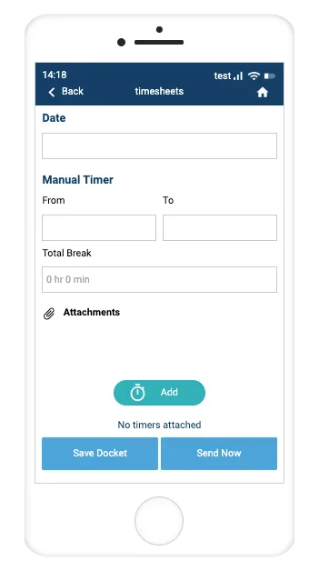 Record TIME mobile app timesheet form with manual timer, break tracking and attachments