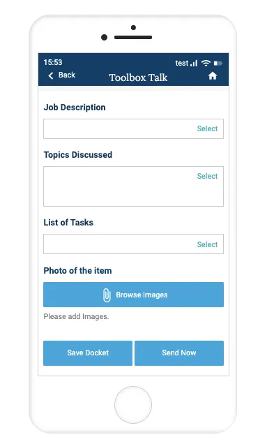 Record TIME mobile app Toolbox Talk form for recording job description, topics discussed and task photos