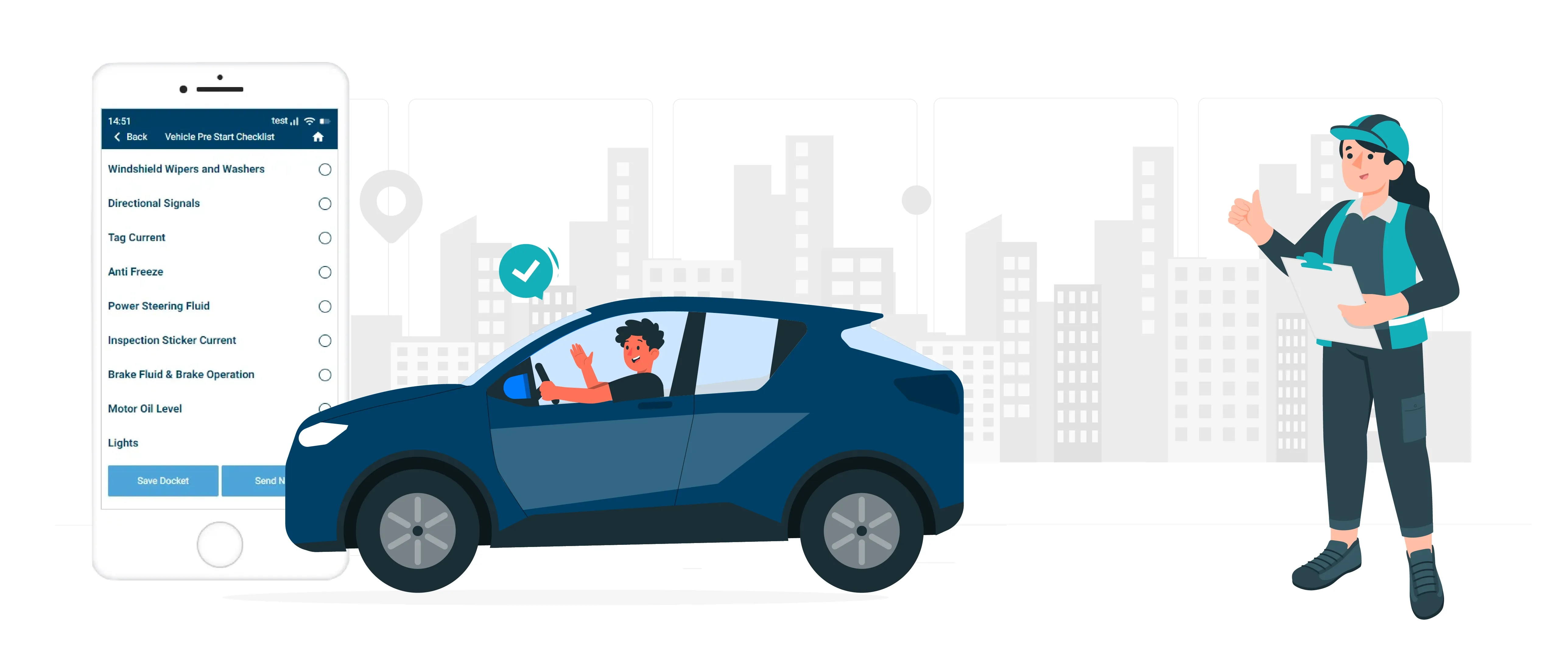 Illustration of a phone showing the Record TIME Vehicle Pre Start Checklist beside a driver giving a thumbs up
