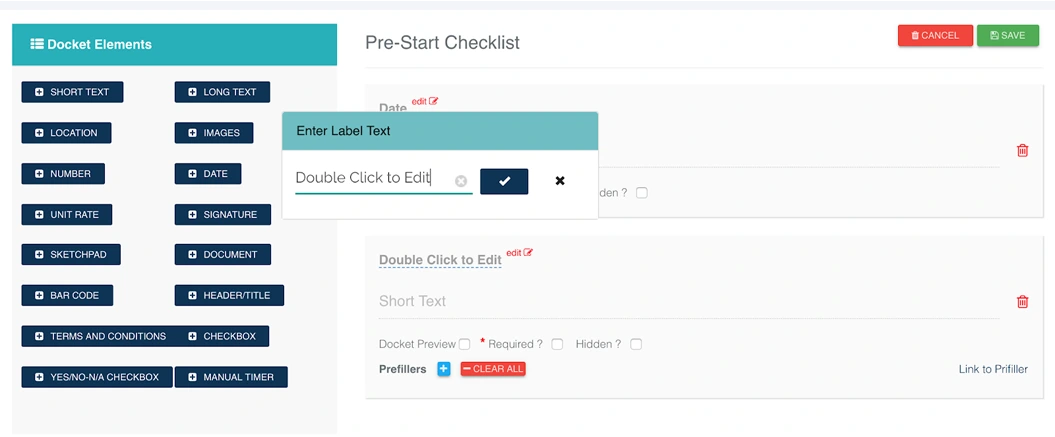 label text to understand how to edit your pre start checklist template
